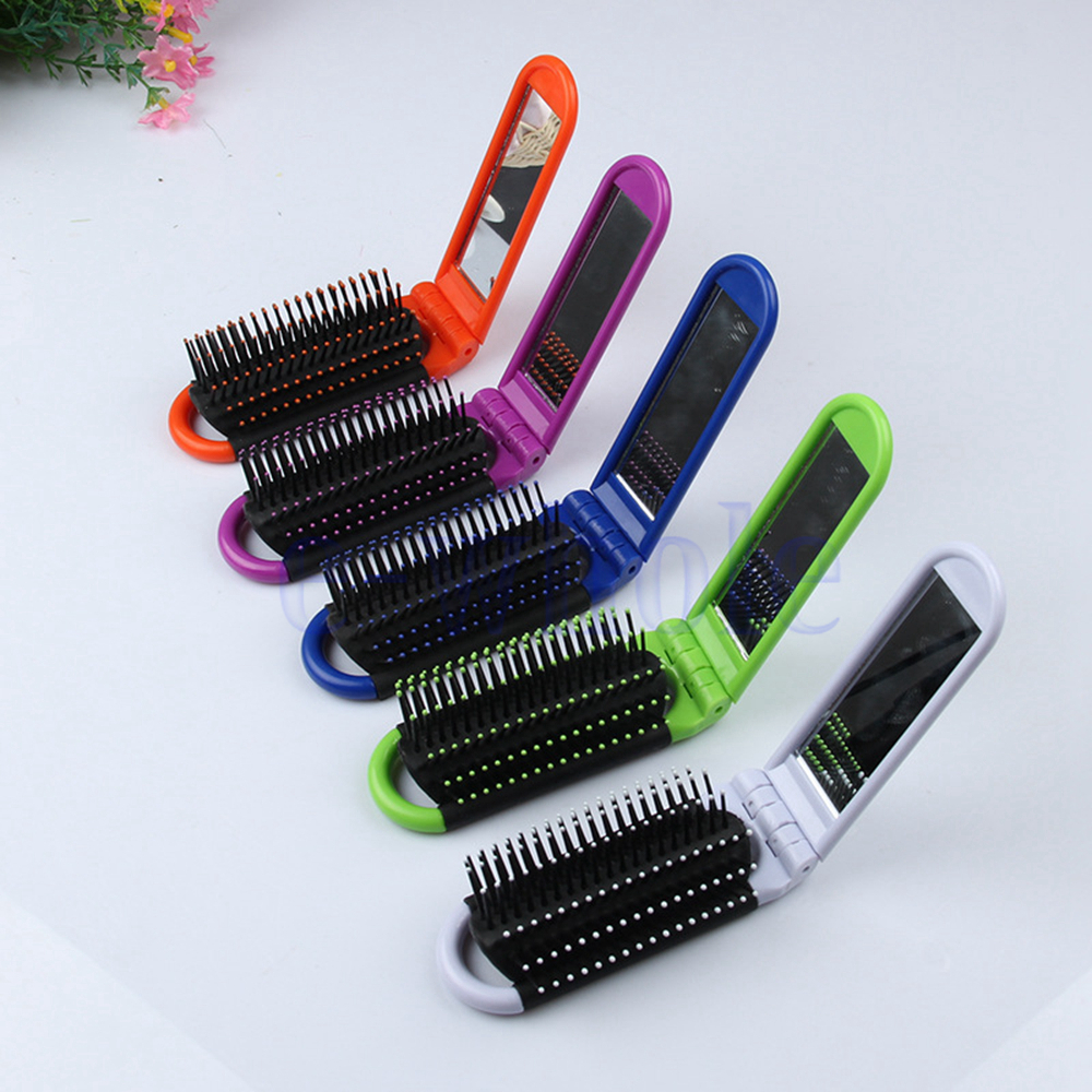 Portable Folding Hair Brush With Mirror Compact Pocket Size Massage Comb Be Ebay